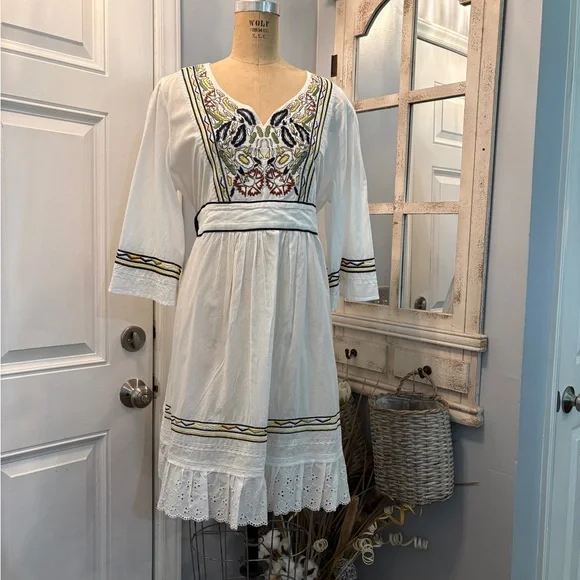 Seventh Avenue Cotton Embroidered Long‎ Sleeve White Dress SZ Soft Asthetic Boho - Picture 2 of 5